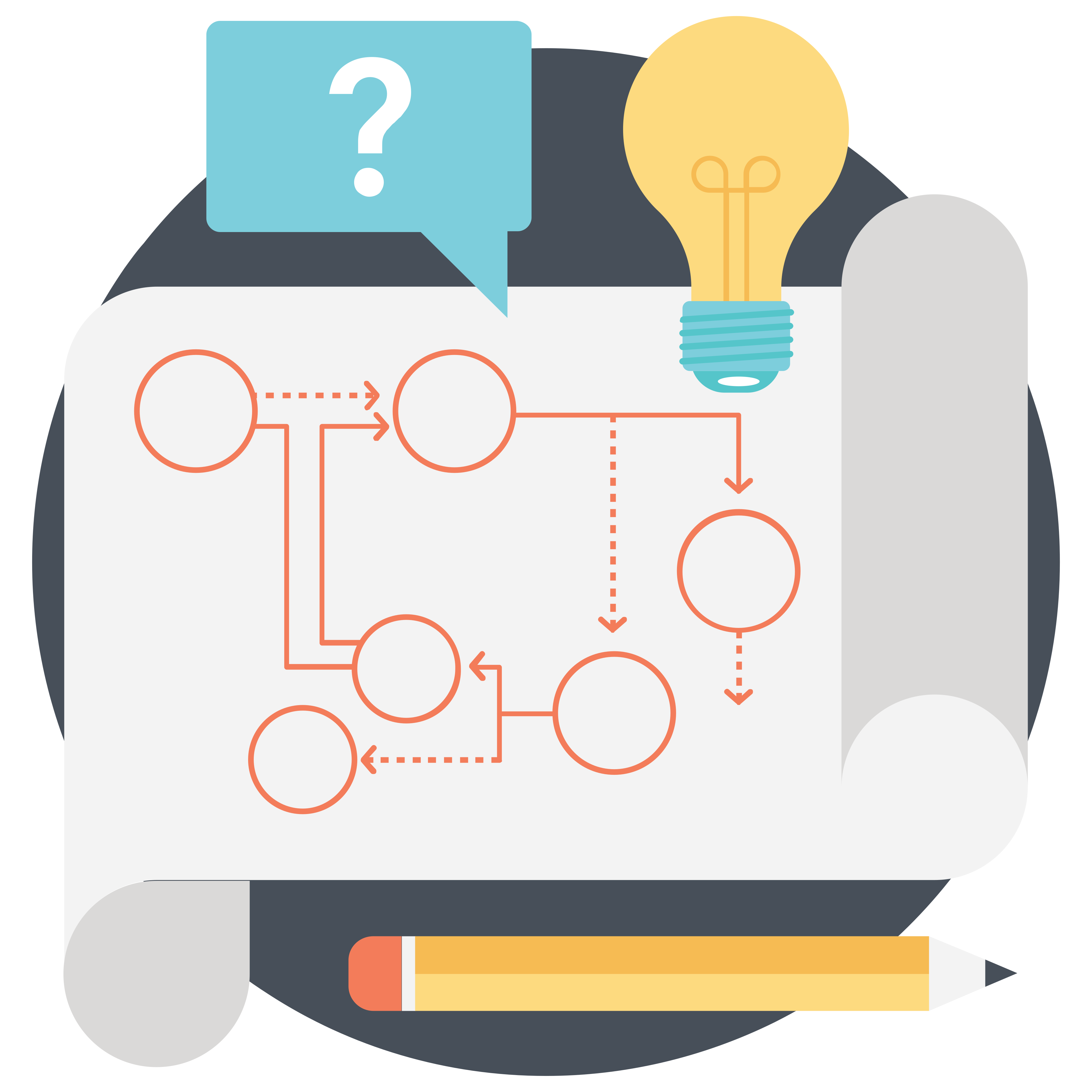 Drawing of a plan with a pencil and a lightbulb