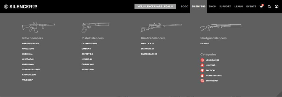 Silencerco website menu